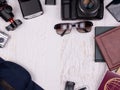 Flat lay top view of traveler accessories Royalty Free Stock Photo