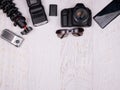 Flat lay top view of traveler accessories Royalty Free Stock Photo