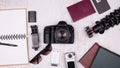 Flat lay top view of traveler accessories Royalty Free Stock Photo