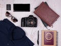 Flat lay top view of traveler accessories Royalty Free Stock Photo