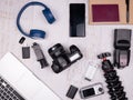 Flat lay top view of traveler accessories Royalty Free Stock Photo