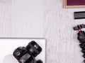 Flat lay top view of traveler accessories Royalty Free Stock Photo
