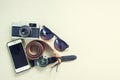 Flat lay top view of traveller accesorries on wood background. T Royalty Free Stock Photo