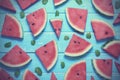 Flat lay top view watermelon slice, with mints on blue wooden table background