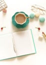 Flat lay, top view women`s office desk with open notebook mock up.