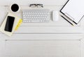 Flat lay, top view wooden office desk Workspace Royalty Free Stock Photo