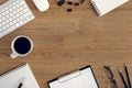 Flat lay, top view wooden office desk Workspace Royalty Free Stock Photo