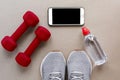 online sports in quarantine, a smartphone, gray sneakers, red dumbbells and a bottle of water