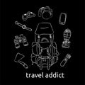 Flat lay of tourist items: backpack, camera, binoculars, watch, axe, torch, carabiner, lamp, phone. White charcoal on black