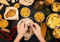 Flat lay with tradiotional organic italian pasta and cooking ingredients in reusable cotton bags and glass containers. Zero waste, Royalty Free Stock Photo