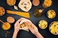 Flat lay with tradiotional organic italian pasta and cooking ingredients in reusable cotton bags and glass containers. Zero waste, Royalty Free Stock Photo