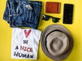 Travel life style set with be a nice human quote on t shirt Royalty Free Stock Photo