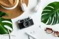 Flat lay of traveler accessories on white desk. Travel, summer vacation concept . Top view Royalty Free Stock Photo