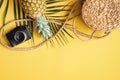 Flat lay traveler accessories on yellow background. Frame border made of palm leaf, rattan straw bag, vintage camera, pineapple. Royalty Free Stock Photo