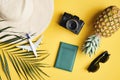 Flat lay traveler accessories on yellow background with straw beach tag, palm leaf, plane model, pineapple, sunglasses, passport, Royalty Free Stock Photo