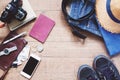 Flat lay of Traveler`s items, Essential vacation accessories of young smart traveler