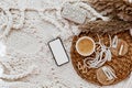 Flat lay trendy feminine accessories with coffee cup, phone.