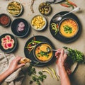 Turkish traditional lentil soup Mercimek and man eating, square crop Royalty Free Stock Photo