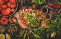 Flat-lay of Turkish traditional Chopard Salad with vegetables and herbs