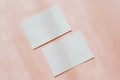 Flat lay of two blank cards sheet on aesthetic pastel pink background with sunlight and shadows