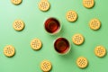 Flat lay of two cups of tea and cookies Royalty Free Stock Photo