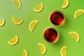 Flat lay of two cups of tea and lemon slices Royalty Free Stock Photo