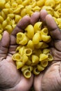 Flat lay of uncooked pipe rigate pasta in a woman's hands, top view of pipe rigate pasta shells