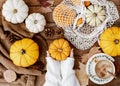 Flat lay varied Pumpkins on wooden background. Autumn cozy concept,