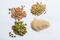 Flat lay of varied vegan protein. Dry chickpeas, lentils, quinoa and pumpkin seeds on a white background