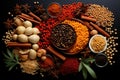 Flat lay a variety of spices on the table