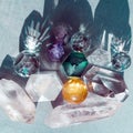 Flat lay of various beautiful shiny crystals. Healing crystals, gemstones for relaxation and meditation. Crystals