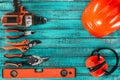 flat lay with various carpentry equipment on blue Royalty Free Stock Photo