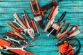 flat lay with various carpentry equipment on blue Royalty Free Stock Photo