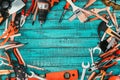 flat lay with various carpentry equipment on blue Royalty Free Stock Photo