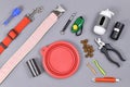 Flat lay of various dog supplies including, nail clipper, poop bags and container, portable bowl, tick gripper, leash, treats