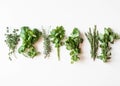 Flat-lay of various fresh green kitchen herbs. Parsley, mint, savory, basil, rosemary, thyme on white background, top view. Spring Royalty Free Stock Photo