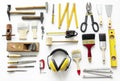 Flat lay of various technician tools isolated on white background Royalty Free Stock Photo