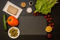 Flat lay. Vegan Greek Salad. Vegan recipe.