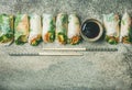 Flat-lay of vegan spring or summer rice paper rolls