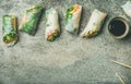 Flat-lay of vegan spring or summer rice paper rolls