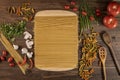 Flat lay of vegetables and food and a chopping table