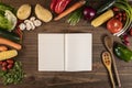 Flat lay of vegetables and food and an empty notebook Royalty Free Stock Photo