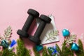 Flat lay view of black dumbbells with white spiral notebook with Christmas ornaments on pink background.