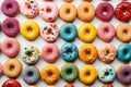 Flat lay view of dozens of colorful donuts.A delicious assortment with different flavors and toppings. Generative AI