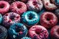 Flat lay view of dozens of colorful donuts.A delicious assortment with different flavors and toppings. Generative AI