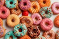 Flat lay view of dozens of colorful donuts.A delicious assortment with different flavors and toppings. Generative AI