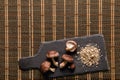 Flat lay view of dry powder made of shiitake mushrooms, Lentinula edodes.