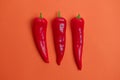 Flat lay view of hot red chili peppers. Food background. Copy space. Bright red orange background. Design banner. Royalty Free Stock Photo