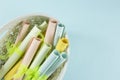 Flat lay view of pastel color paper rolls in basket with lot of copy space. Royalty Free Stock Photo