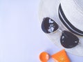 Flat lay view of summer and travel accessories. Hat, sun glasses, sunblock cream protection. Royalty Free Stock Photo